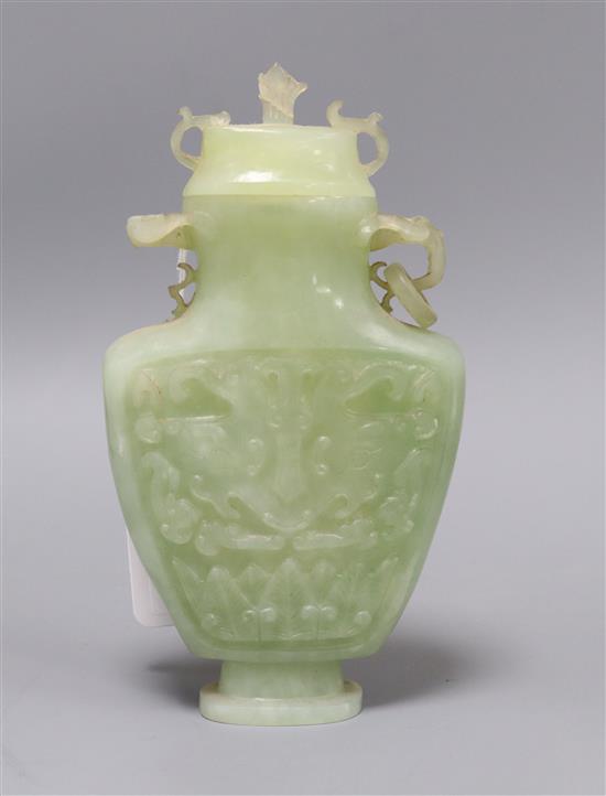 A Chinese bowenite jade vase and cover height 22cm